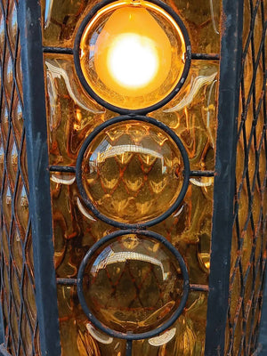 Vintage Amber Bubble Glass & Iron Lantern Chandelier, c.1970’s