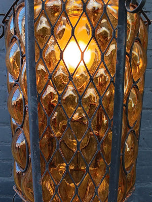 Vintage Amber Bubble Glass & Iron Lantern Chandelier, c.1970’s