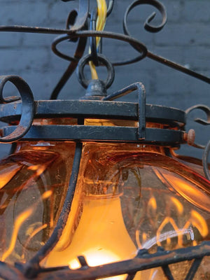 Vintage Amber Bubble Glass & Iron Lantern Chandelier, c.1970’s