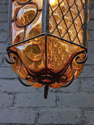 Vintage Amber Bubble Glass & Iron Lantern Chandelier, c.1970’s
