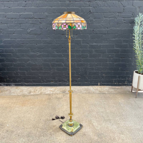 Vintage Art Deco Style Brass Floor Lamp with Tiffany Style Shade, c.1940’s