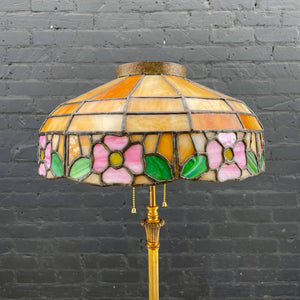Vintage Art Deco Style Brass Floor Lamp with Tiffany Style Shade, c.1940’s