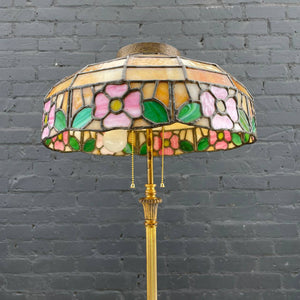 Vintage Art Deco Style Brass Floor Lamp with Tiffany Style Shade, c.1940’s