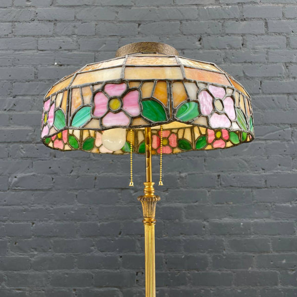 Vintage Art Deco Style Brass Floor Lamp with Tiffany Style Shade, c.1940’s