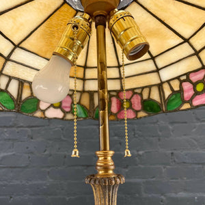 Vintage Art Deco Style Brass Floor Lamp with Tiffany Style Shade, c.1940’s