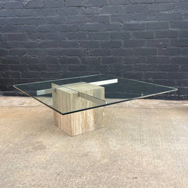 Vintage Mid-Century Modern Travertine Stone & Chrome Coffee Table with Glass Top, c.1970’s