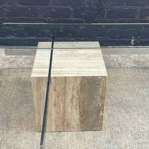 Vintage Mid-Century Modern Travertine Stone & Chrome Coffee Table with Glass Top, c.1970’s