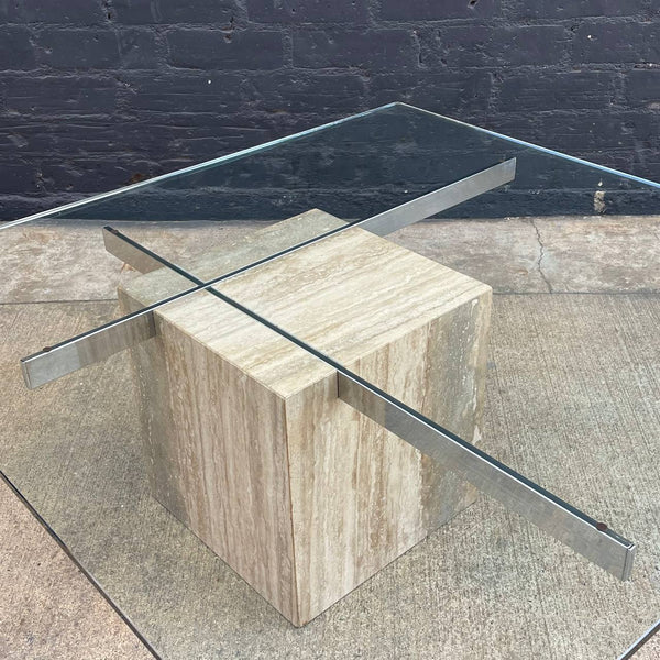 Vintage Mid-Century Modern Travertine Stone & Chrome Coffee Table with Glass Top, c.1970’s
