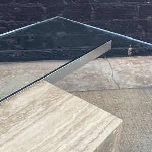 Vintage Mid-Century Modern Travertine Stone & Chrome Coffee Table with Glass Top, c.1970’s