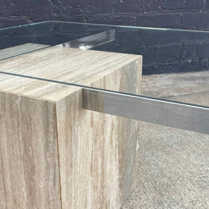 Vintage Mid-Century Modern Travertine Stone & Chrome Coffee Table with Glass Top, c.1970’s