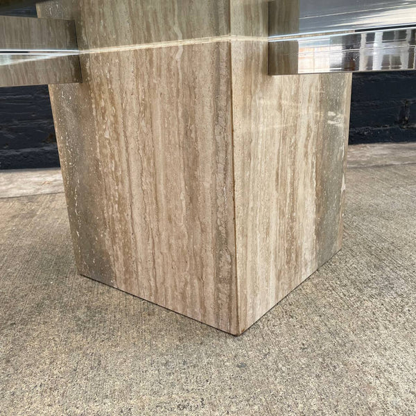 Vintage Mid-Century Modern Travertine Stone & Chrome Coffee Table with Glass Top, c.1970’s