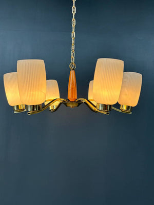 Mid-Century Modern Sculpted Walnut & Brass Chandelier, c.1960’s