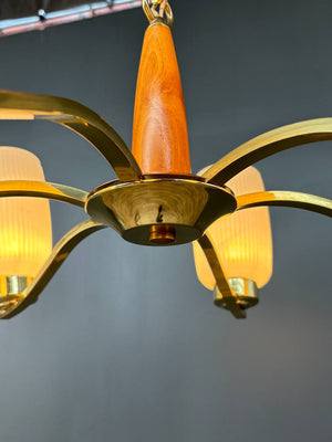 Mid-Century Modern Sculpted Walnut & Brass Chandelier, c.1960’s