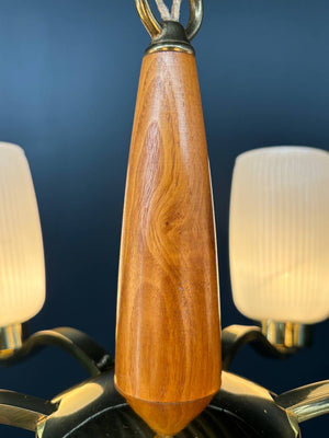 Mid-Century Modern Sculpted Walnut & Brass Chandelier, c.1960’s
