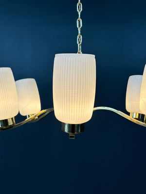 Mid-Century Modern Sculpted Walnut & Brass Chandelier, c.1960’s