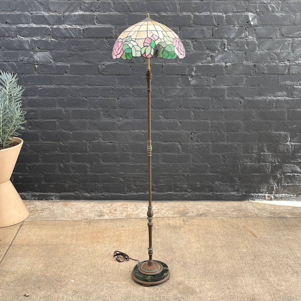 Vintage Art Deco Style Brass & Marble Floor Lamp with Tiffany Style Shade, c.1940’s
