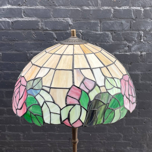 Vintage Art Deco Style Brass & Marble Floor Lamp with Tiffany Style Shade, c.1940’s
