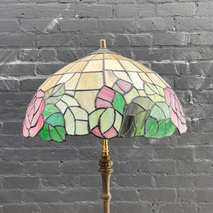 Vintage Art Deco Style Brass & Marble Floor Lamp with Tiffany Style Shade, c.1940’s