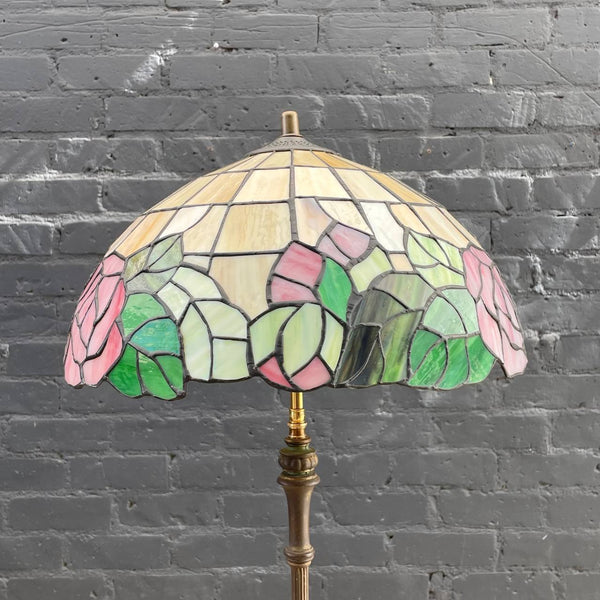 Vintage Art Deco Style Brass & Marble Floor Lamp with Tiffany Style Shade, c.1940’s