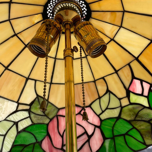 Vintage Art Deco Style Brass & Marble Floor Lamp with Tiffany Style Shade, c.1940’s
