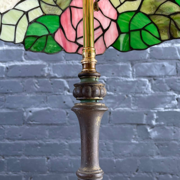 Vintage Art Deco Style Brass & Marble Floor Lamp with Tiffany Style Shade, c.1940’s