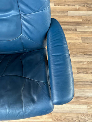 Ekornes Stressless Blue Leather Reclining Swivel Lounge Chair with End Table & Ottoman
