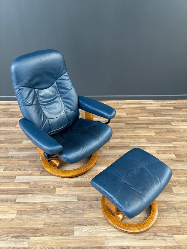 Ekornes Stressless Blue Leather Reclining Swivel Lounge Chair with End Table & Ottoman