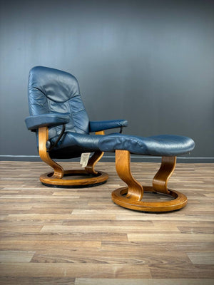 Ekornes Stressless Blue Leather Reclining Swivel Lounge Chair with End Table & Ottoman