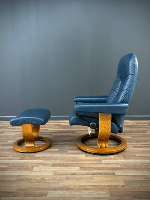 Ekornes Stressless Blue Leather Reclining Swivel Lounge Chair with End Table & Ottoman