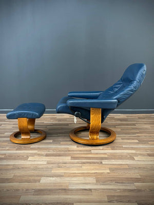 Ekornes Stressless Blue Leather Reclining Swivel Lounge Chair with End Table & Ottoman