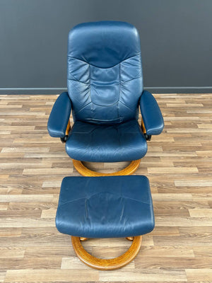 Ekornes Stressless Blue Leather Reclining Swivel Lounge Chair with End Table & Ottoman
