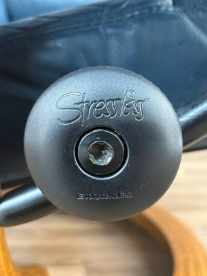 Ekornes Stressless Blue Leather Reclining Swivel Lounge Chair with End Table & Ottoman
