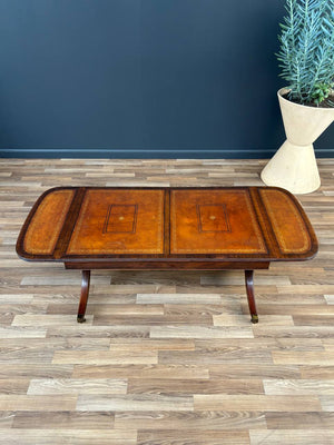 Traditional Duncan-Phyfe Style Mahogany Coffee Table with Tooled Leather Top, c.1930’s