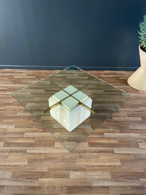 Mid-Century Modern Travertine Stone & Brass Coffee Table, c.1970’s