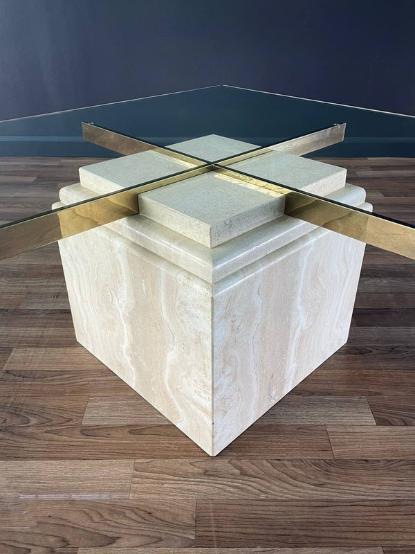 Mid-Century Modern Travertine Stone & Brass Coffee Table, c.1970’s