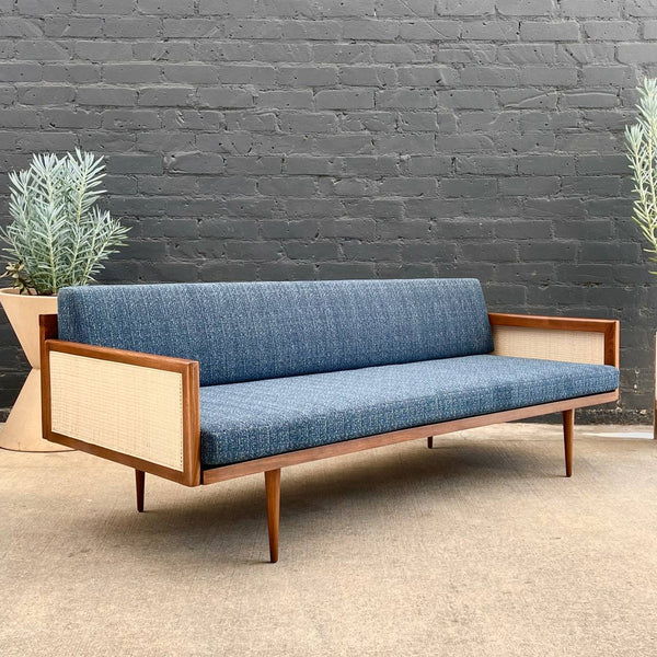 Vintage Mid-Century Modern Walnut & Cane Sofa with New Tweed Upholstery, c.1960’s