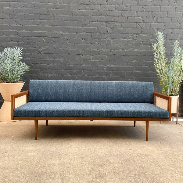 Vintage Mid-Century Modern Walnut & Cane Sofa with New Tweed Upholstery, c.1960’s