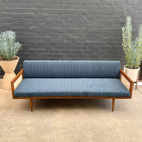 Vintage Mid-Century Modern Walnut & Cane Sofa with New Tweed Upholstery, c.1960’s