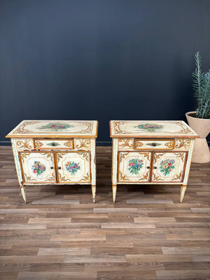 Pair of Italian Neoclassical Style Hand Painted Night Stands Cabinets, c.1950’s