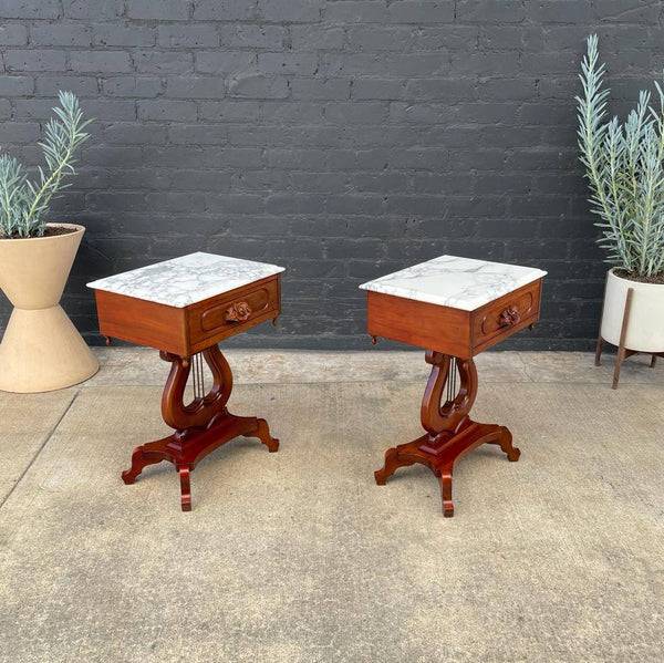 Pair of Vintage Victorian Style Mahogany End Tables with Carrara Marble Tops, c.1960’s