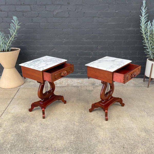 Pair of Vintage Victorian Style Mahogany End Tables with Carrara Marble Tops, c.1960’s