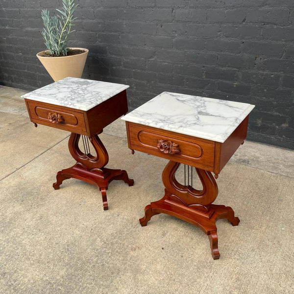 Pair of Vintage Victorian Style Mahogany End Tables with Carrara Marble Tops, c.1960’s