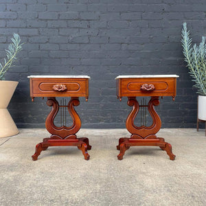 Pair of Vintage Victorian Style Mahogany End Tables with Carrara Marble Tops, c.1960’s