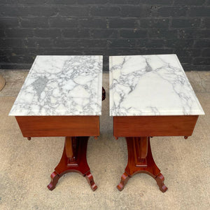 Pair of Vintage Victorian Style Mahogany End Tables with Carrara Marble Tops, c.1960’s