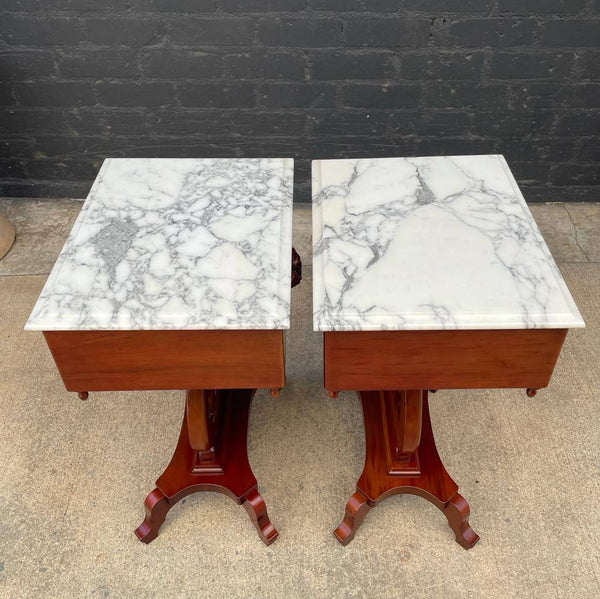 Pair of Vintage Victorian Style Mahogany End Tables with Carrara Marble Tops, c.1960’s