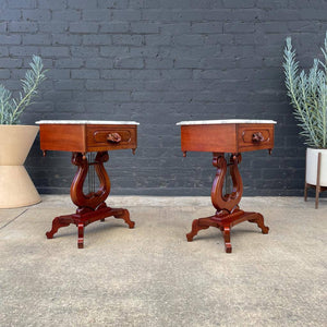 Pair of Vintage Victorian Style Mahogany End Tables with Carrara Marble Tops, c.1960’s