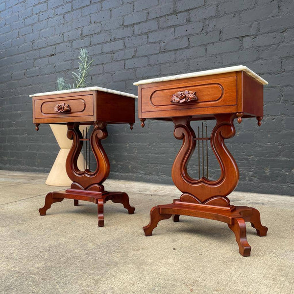 Pair of Vintage Victorian Style Mahogany End Tables with Carrara Marble Tops, c.1960’s