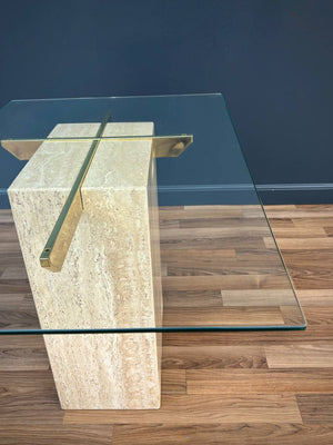 Mid-Century Modern Travertine Stone & Brass Side Table by Artedi, c.1970’s