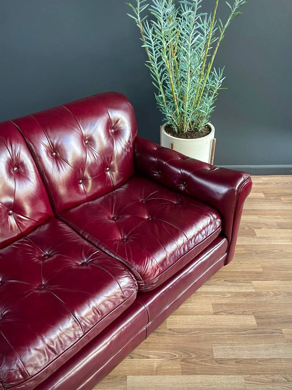 Vintage Post Modern Burgundy Leather Tufted Sofa, c.1980’s