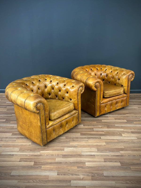 Pair of Vintage English Chesterfield Style Tufted Leather Club Chairs , c.1950’s